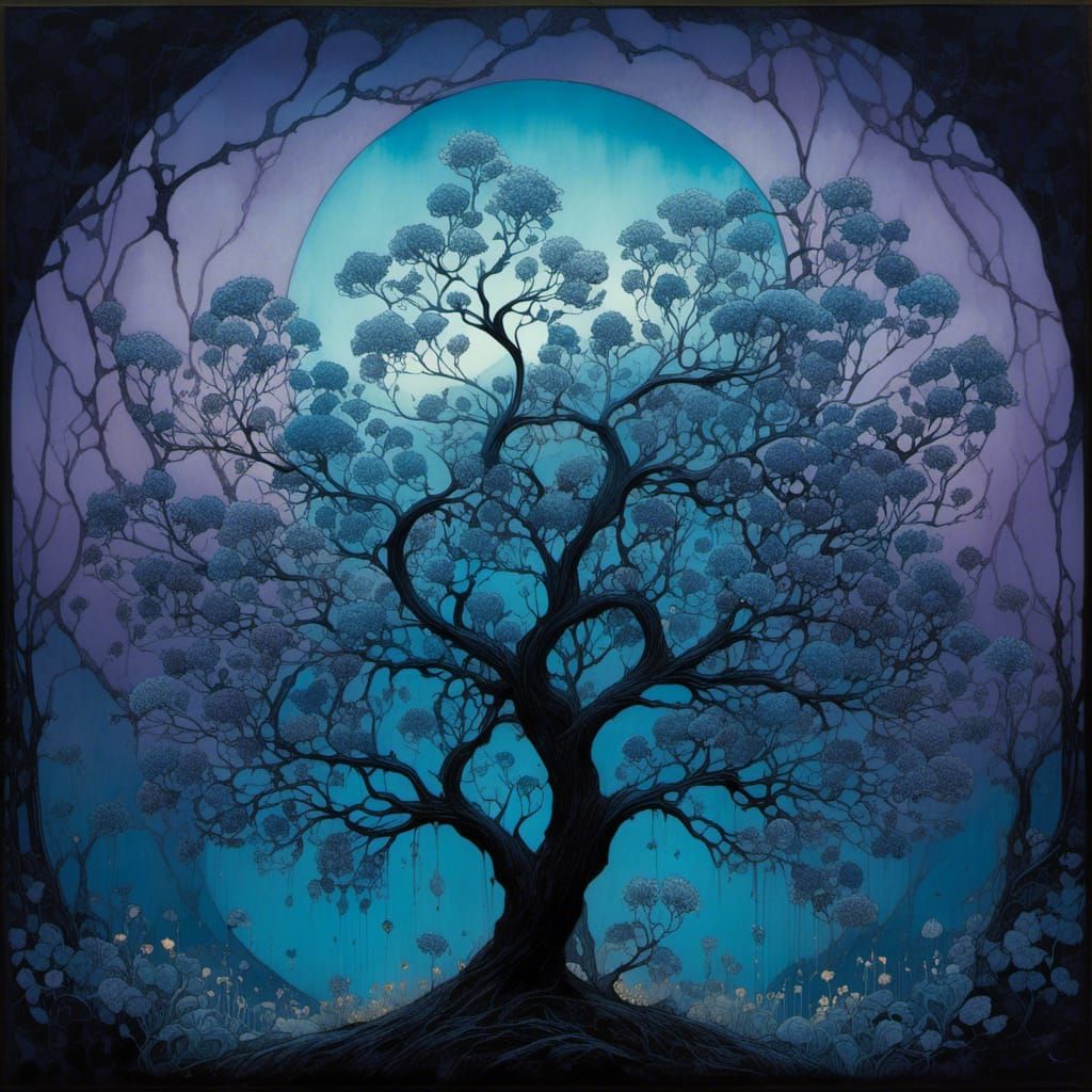 Whimsical Floral Scene in Mysterious Evening Light