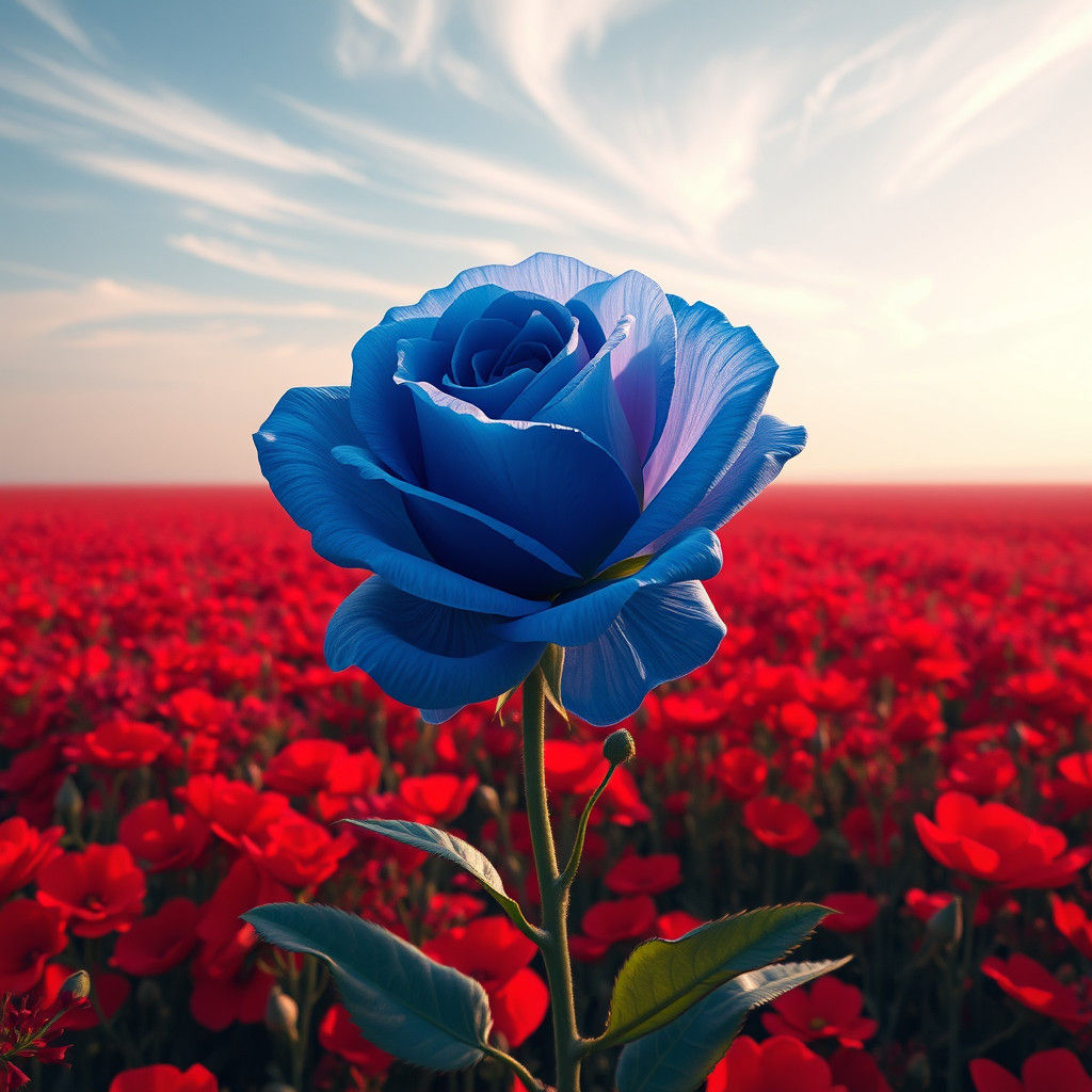 Red Floral Fields with Majestic Blue Rose