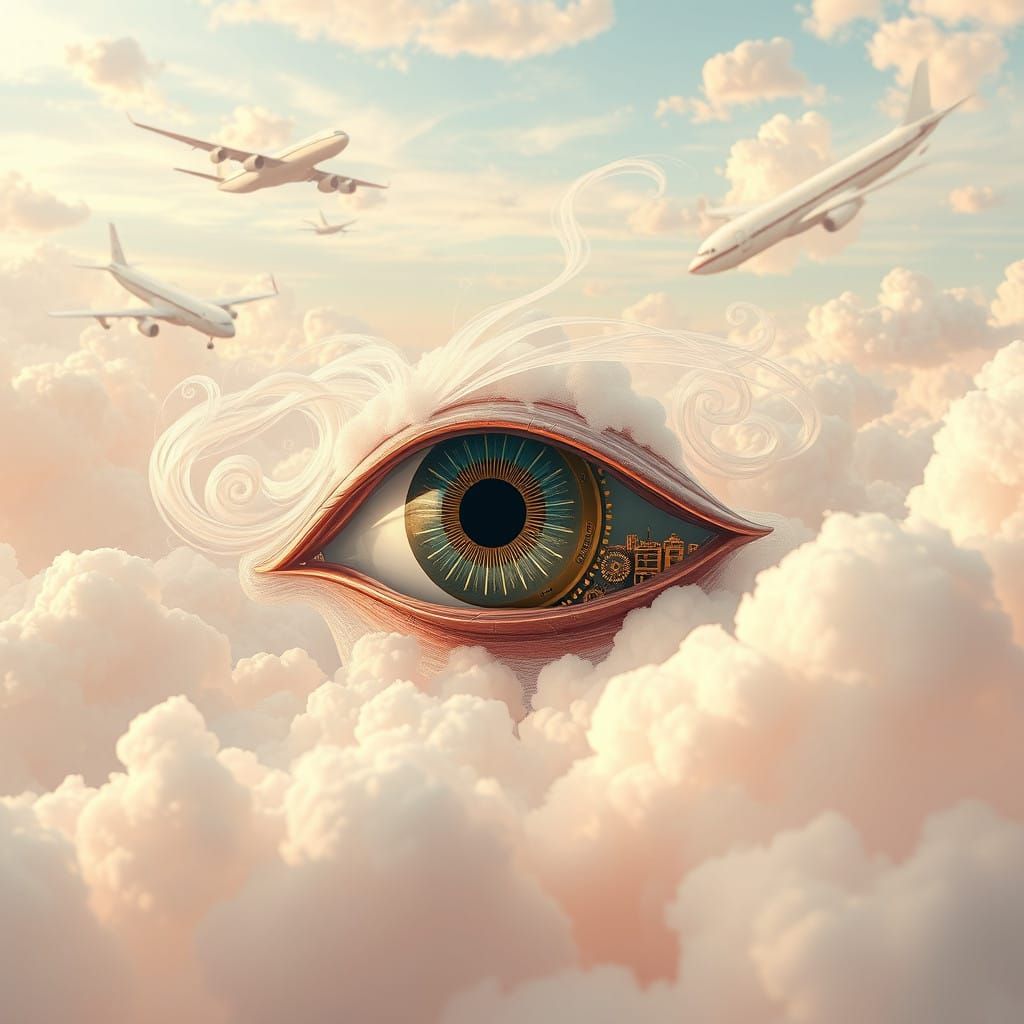 Dreamy Celestial Cloudscapes with Antique Clockwork Eye