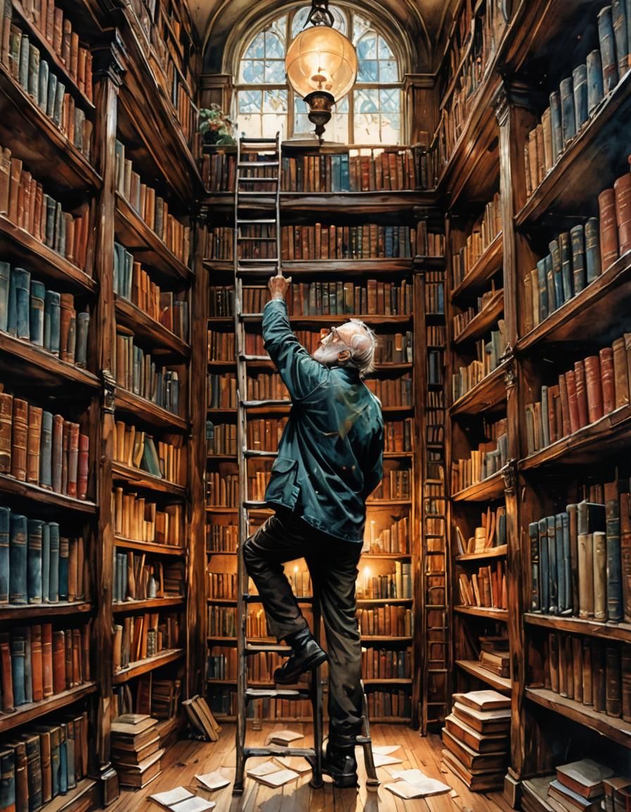 Old Man Reaching for Book in Ancient Library