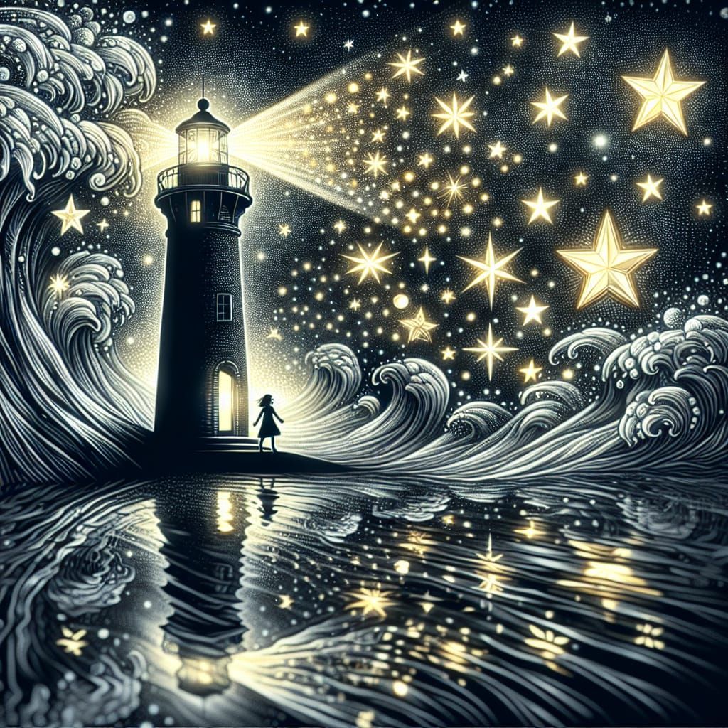 Lighthouse in Wave of Embossed Gold Stars