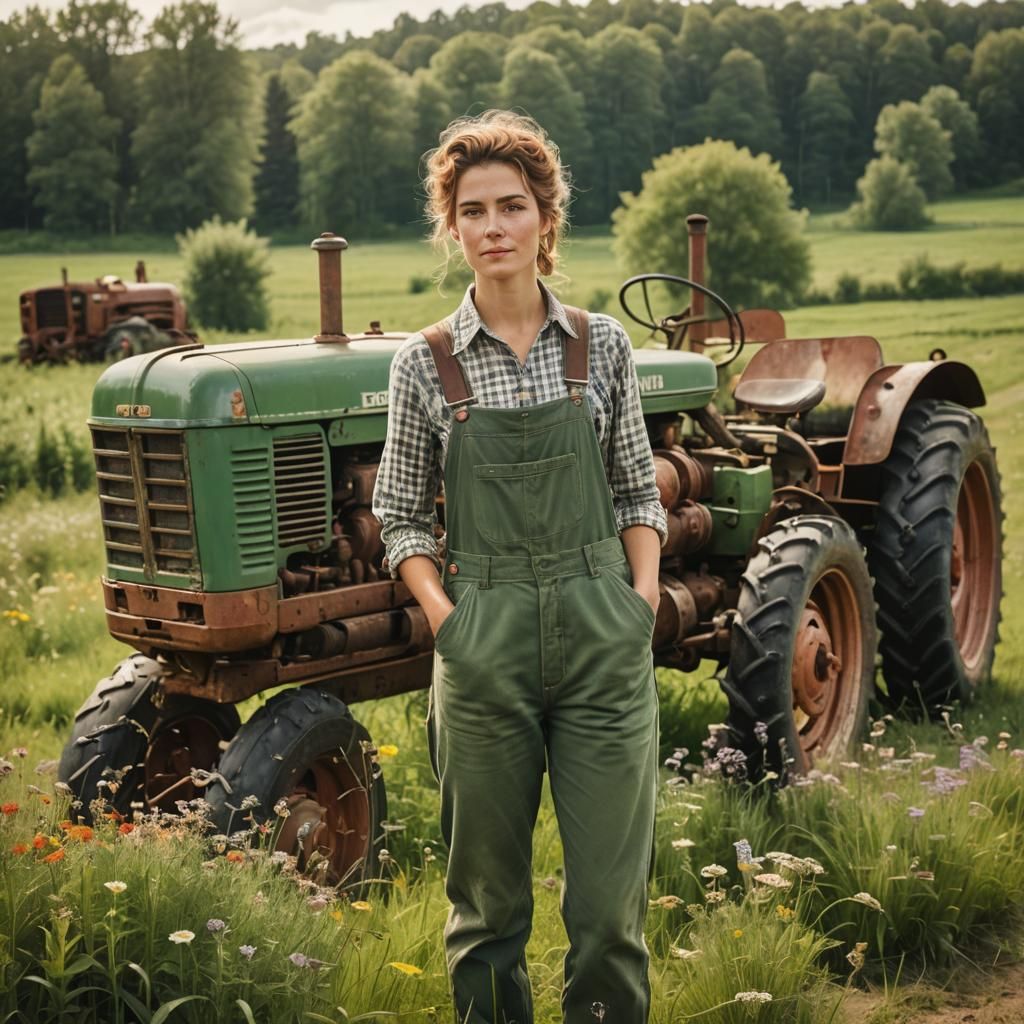Female Farmer and Vintage Tractor in Sunlight
