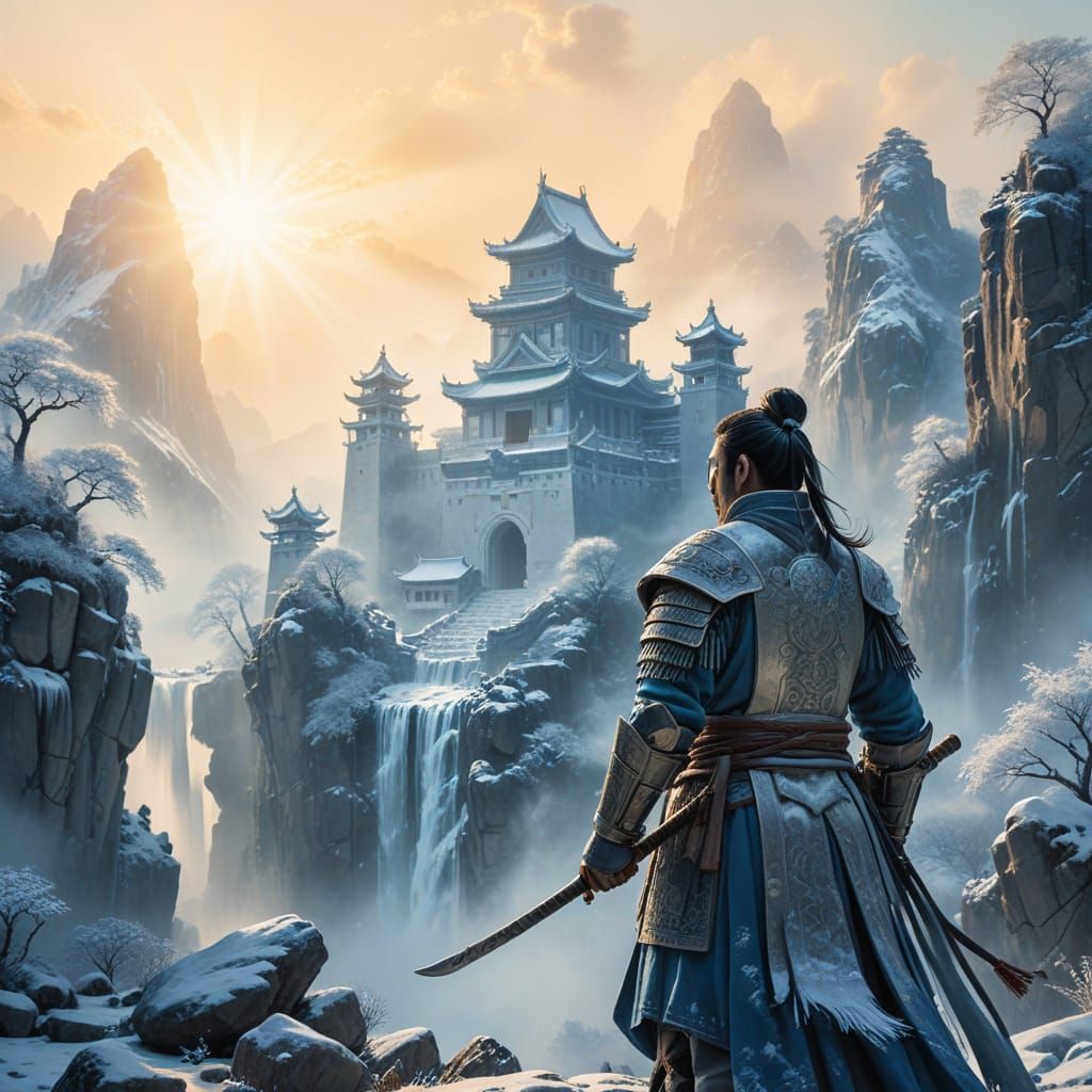 Ethereal Fantasy Warrior Guards Majestic Snow-Dusted Castle