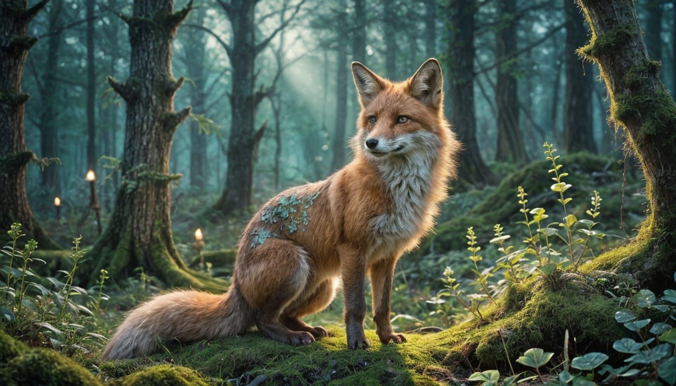 Mystical Starlight Fox in Bioluminescent Forest