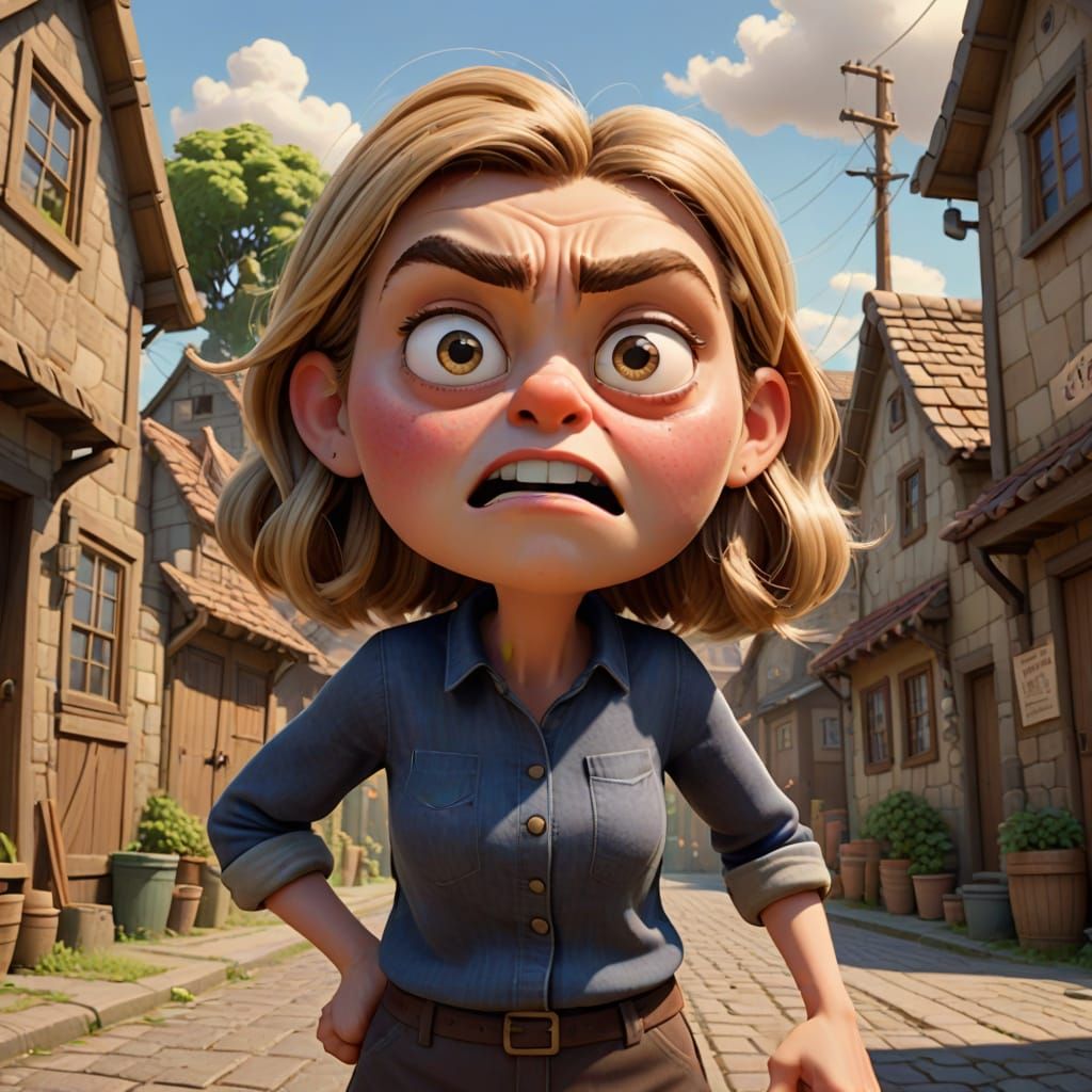 Vibrant Cartoon Woman Rages in a Quaint Village Alley