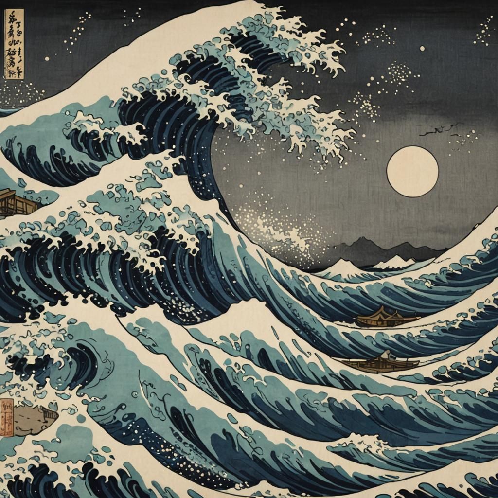 Ukiyo-e Wave off Kanagawa with Moonlit Sky