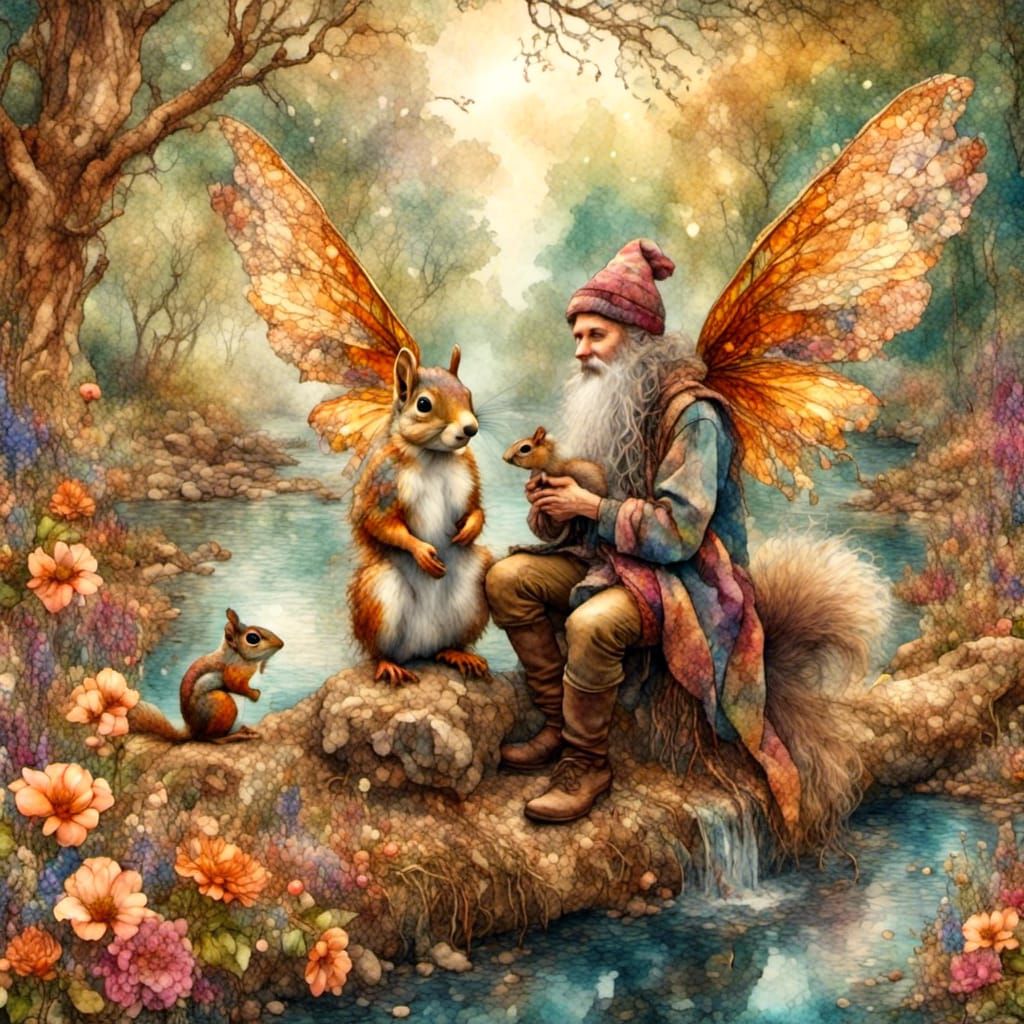 Fairy and Squirrel Portrait in Watercolor Style
