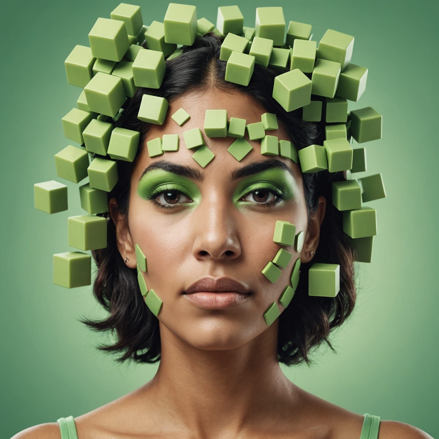 Surreal Portrait of Latina Woman with Bursting Cubes