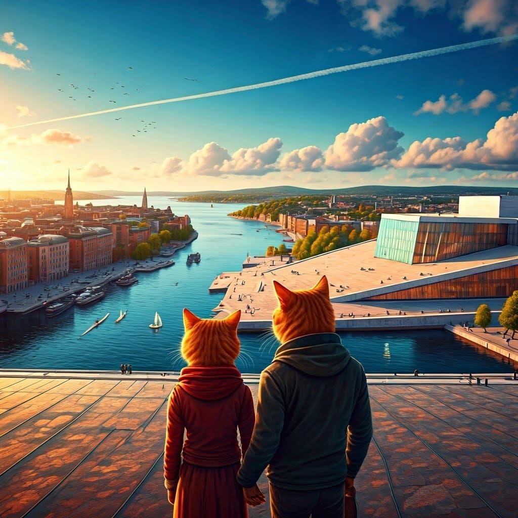 Ginger Cats Admiring Oslo Fjord in Fantasy Style