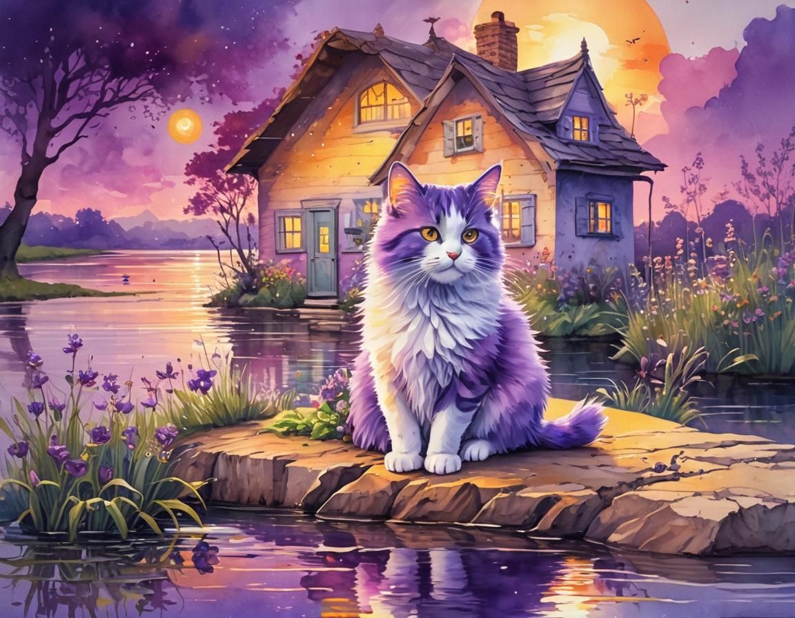 Whimsical Cottage and Cat in Vivid Watercolor
