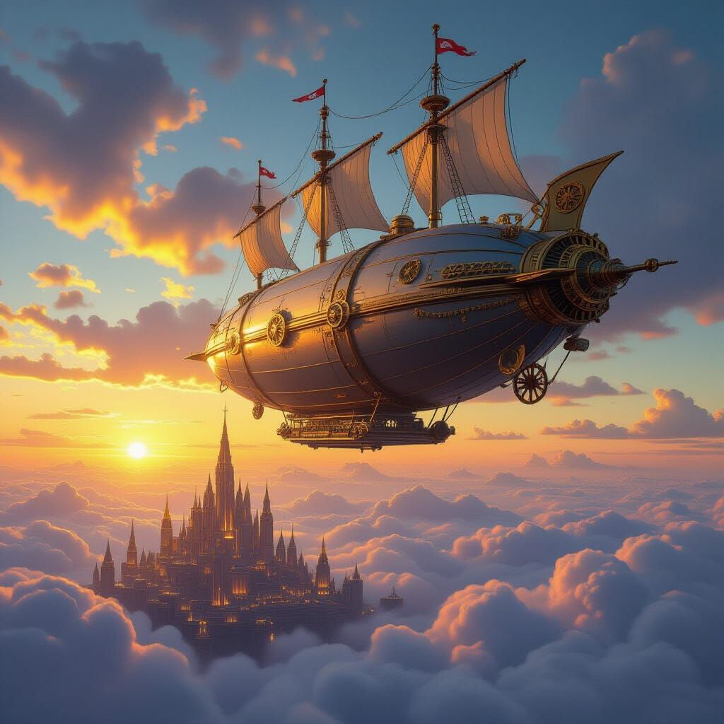 Majestic Airship Drifts Over Fantastical City at Sunset