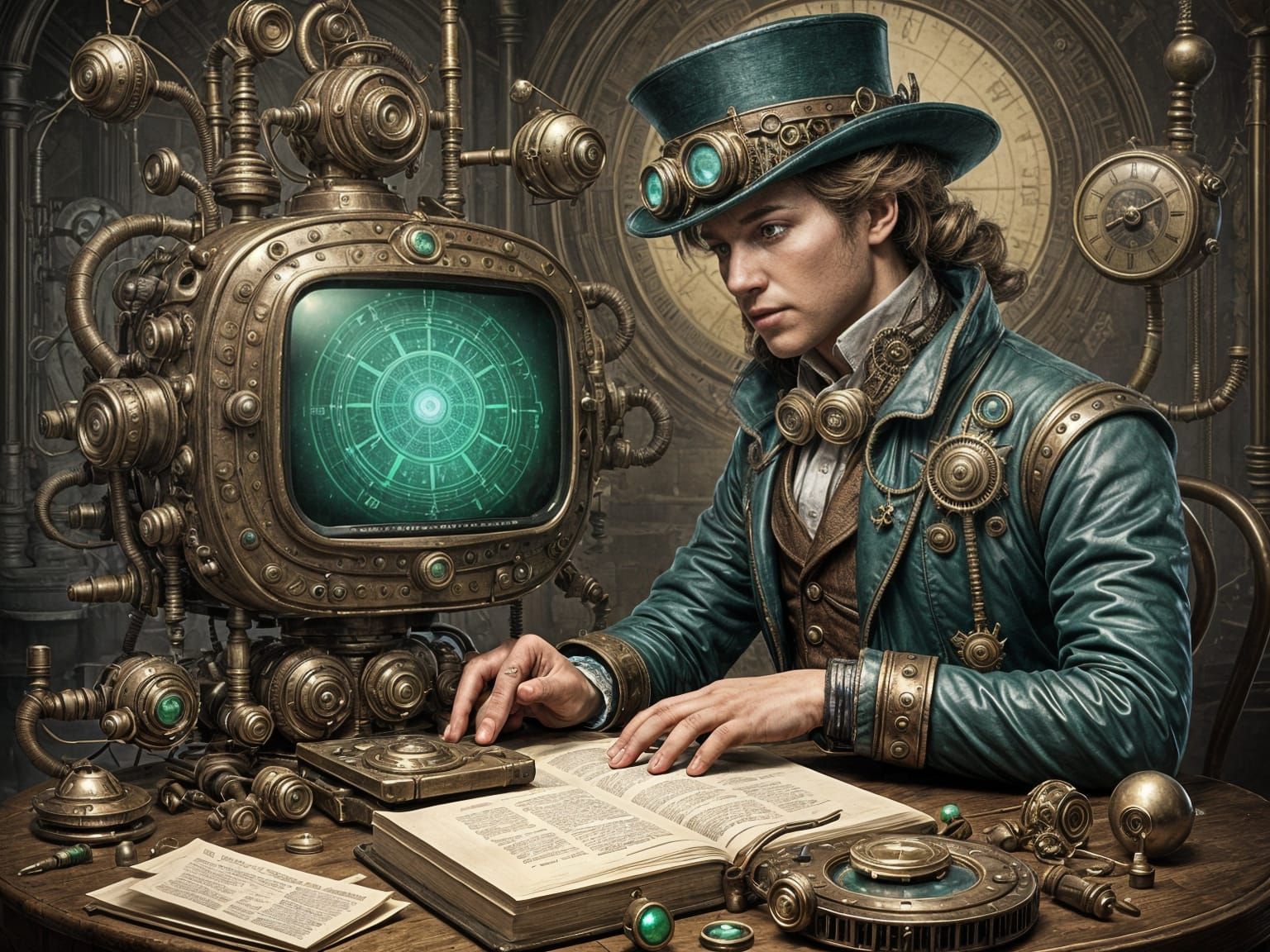 Steampunk Green Trilobites on Old Computer Screen