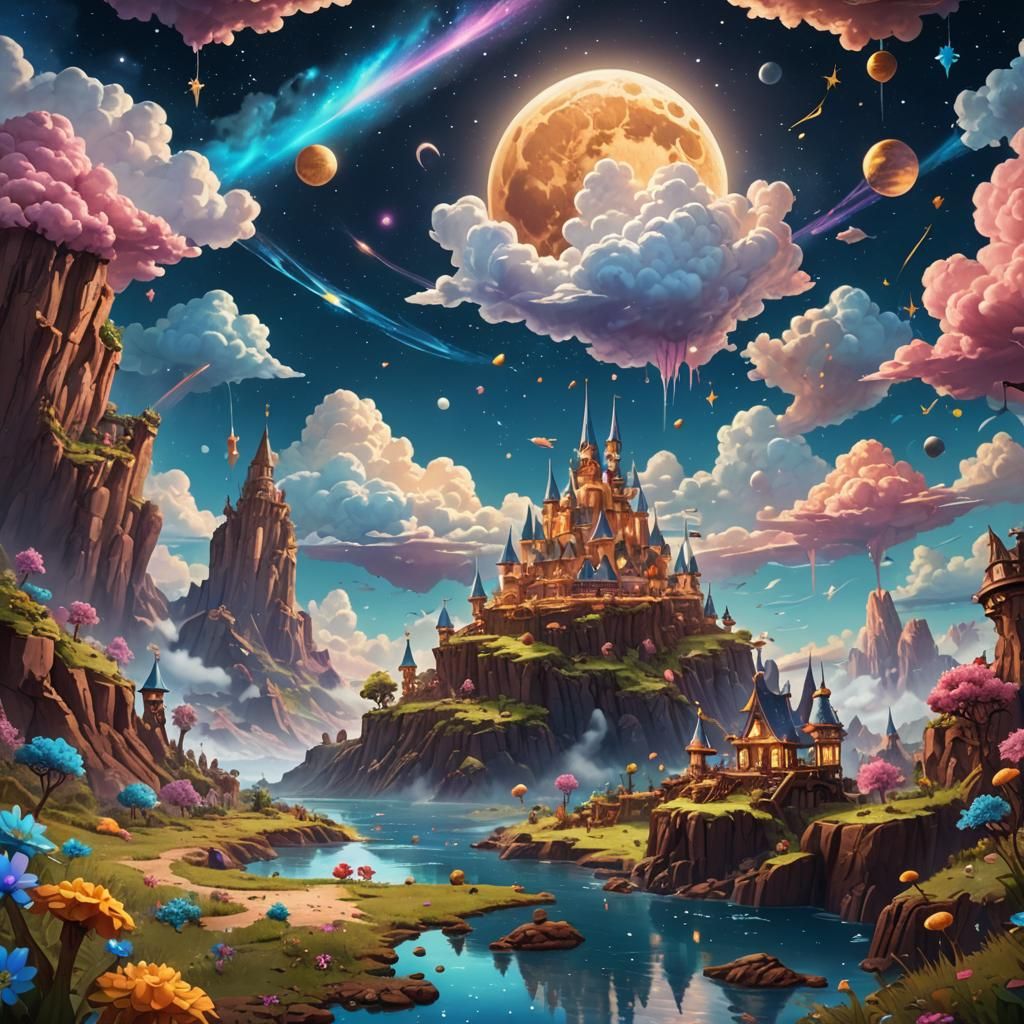 Watercolor Dreamland with Moon and Shooting Stars