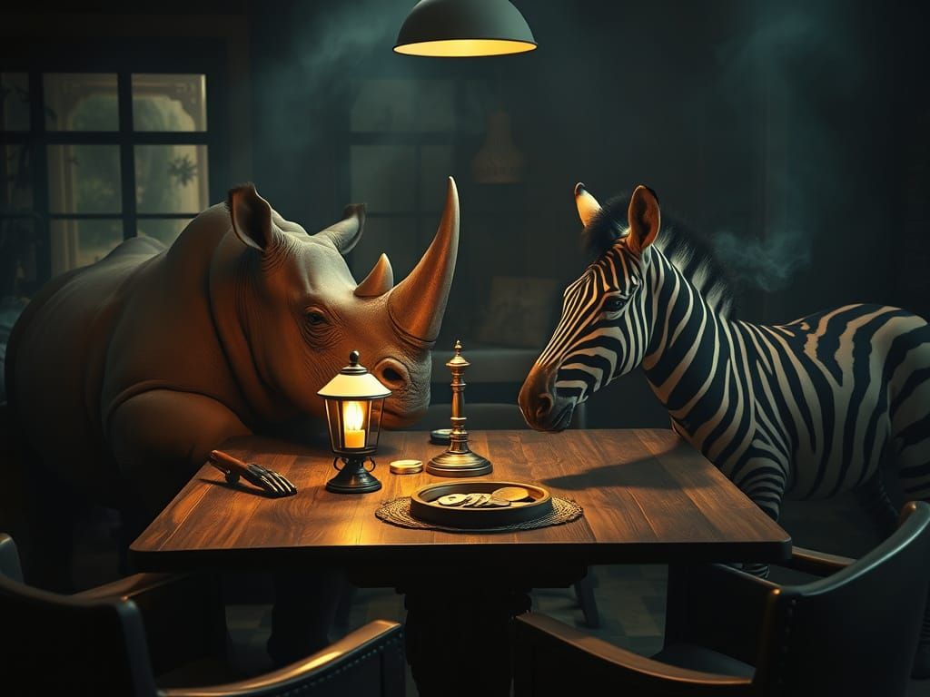 Rhinoceros and Zebra at a Table: Cinematic Still