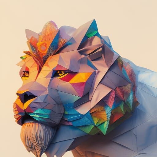 Intricate Origami Lion Face in Japanese Art Style
