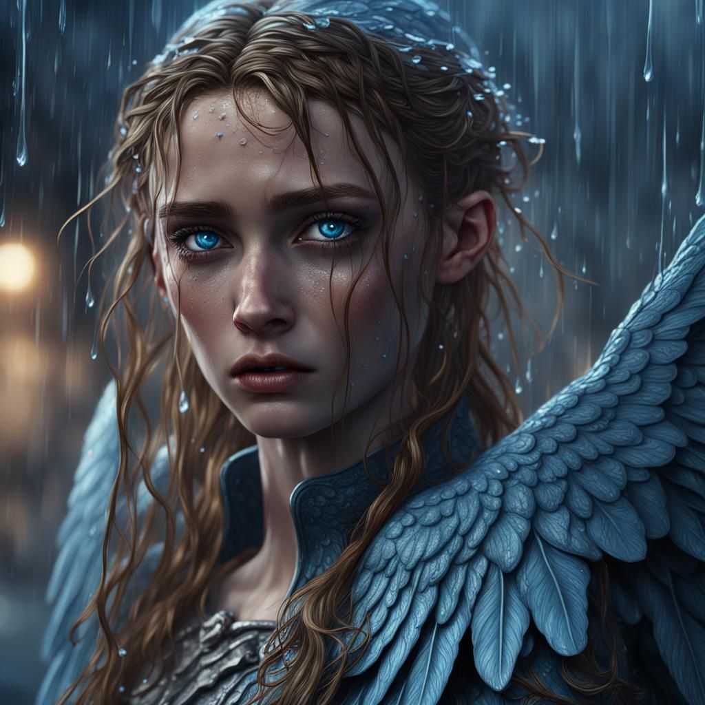 Crying Blue-Eyed Angel in the Rain