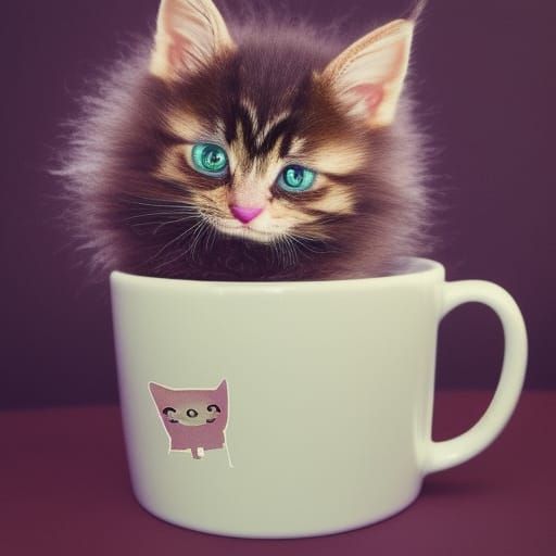 Fluffy Kitten in a Mug: Digital Art Portrait