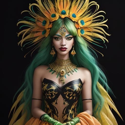 Abstract Gold Woman with Peacock Feathers Portrait