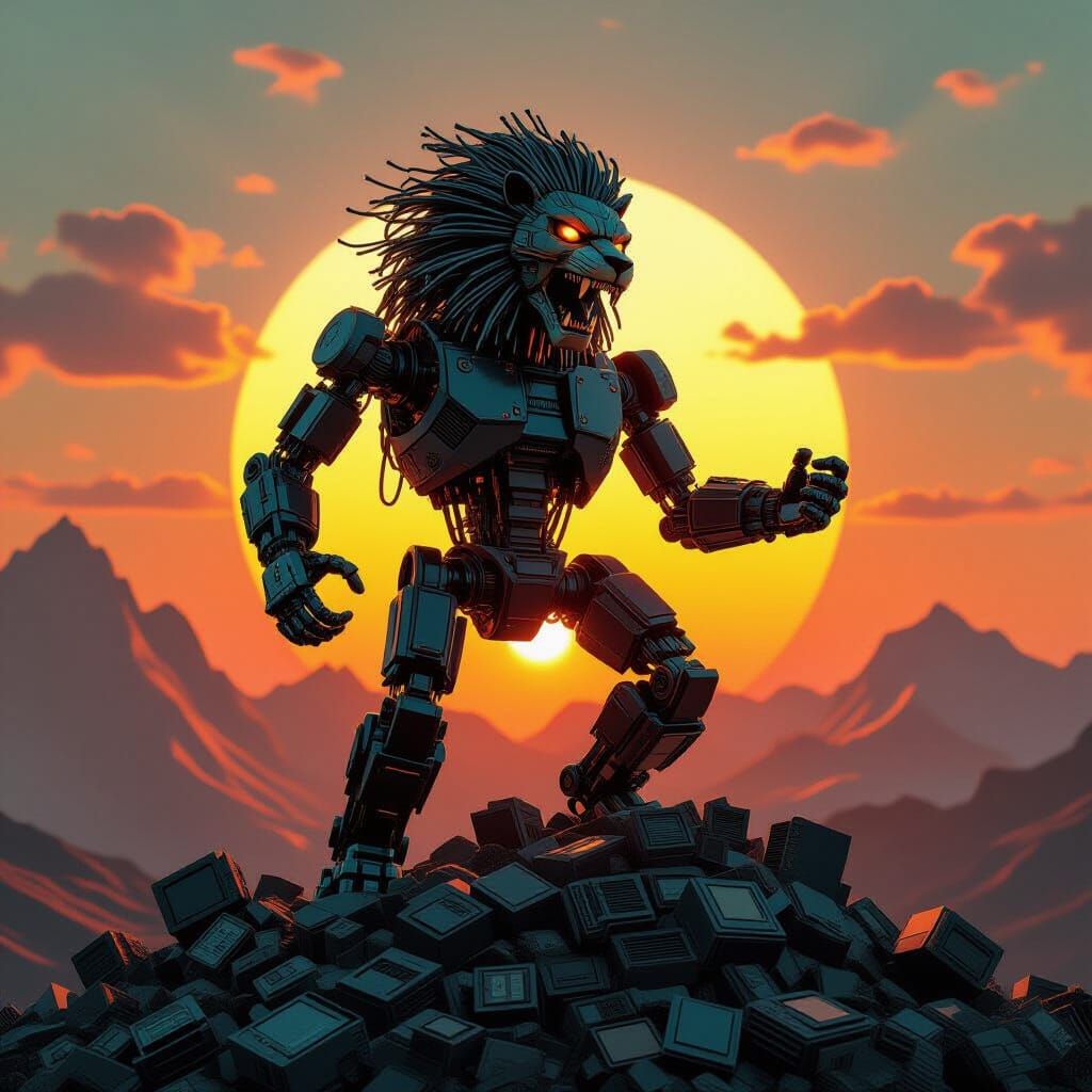 Mechanical Lion Roaring at Binary Sunset