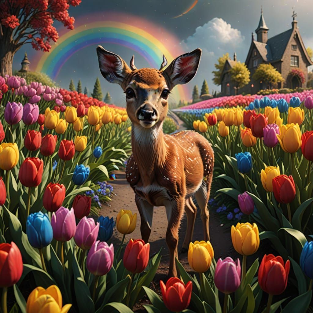 Fluffy Fawn in Tulips with Rainbow, Detailed Matte Painting