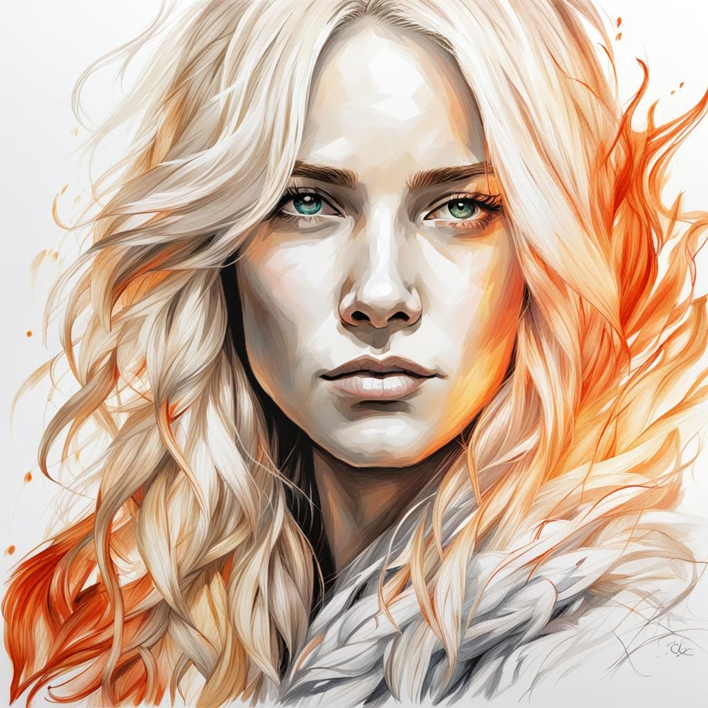 Fiery Blonde Portrait on White, High Resolution