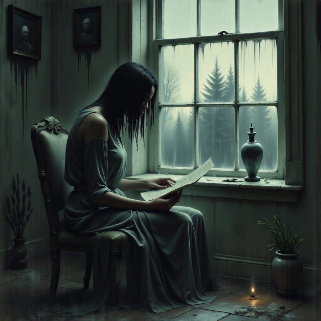 Melancholic Woman Reflects by Rain-Streaked Window