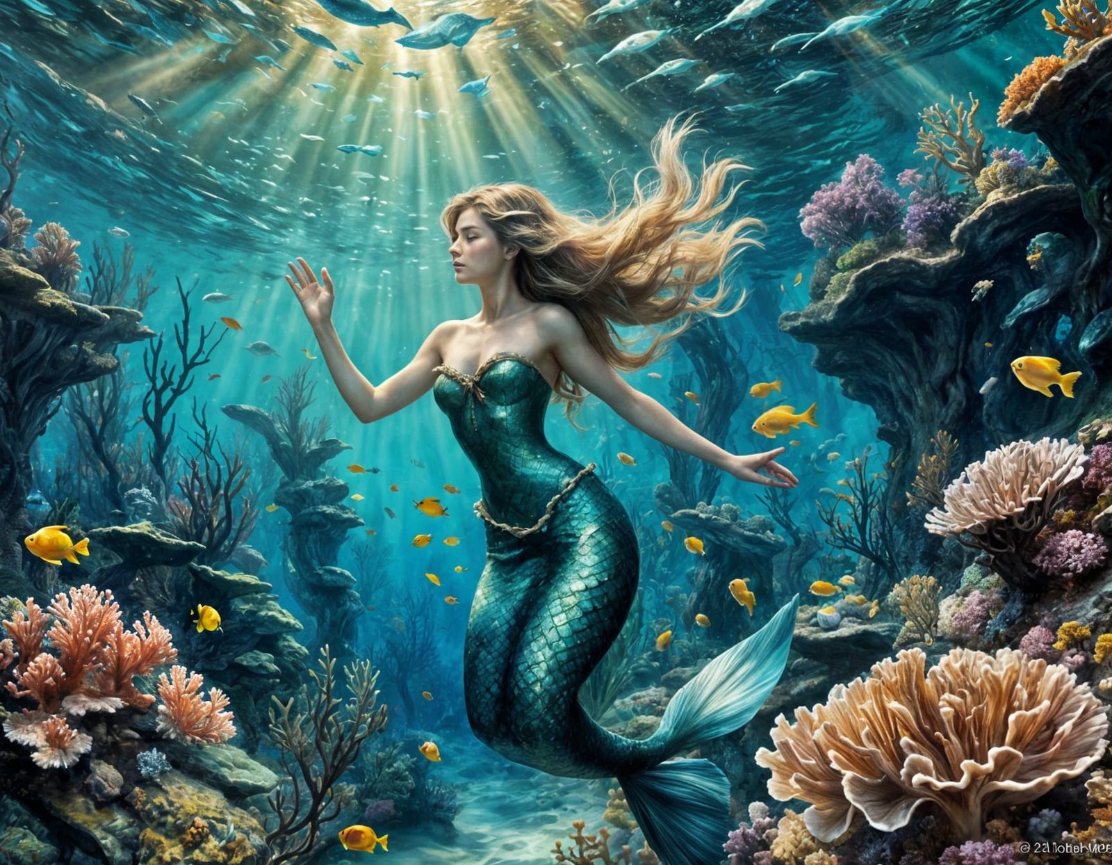 Young Mermaid in Bioluminescent Coral Reef City