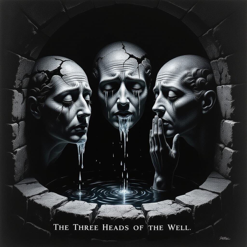 Surreal Charcoal Drawing of Three Heads from a Well