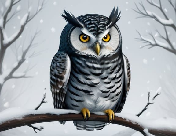 Cozy Charcoal Cartoon Owl in Winter Wonderland
