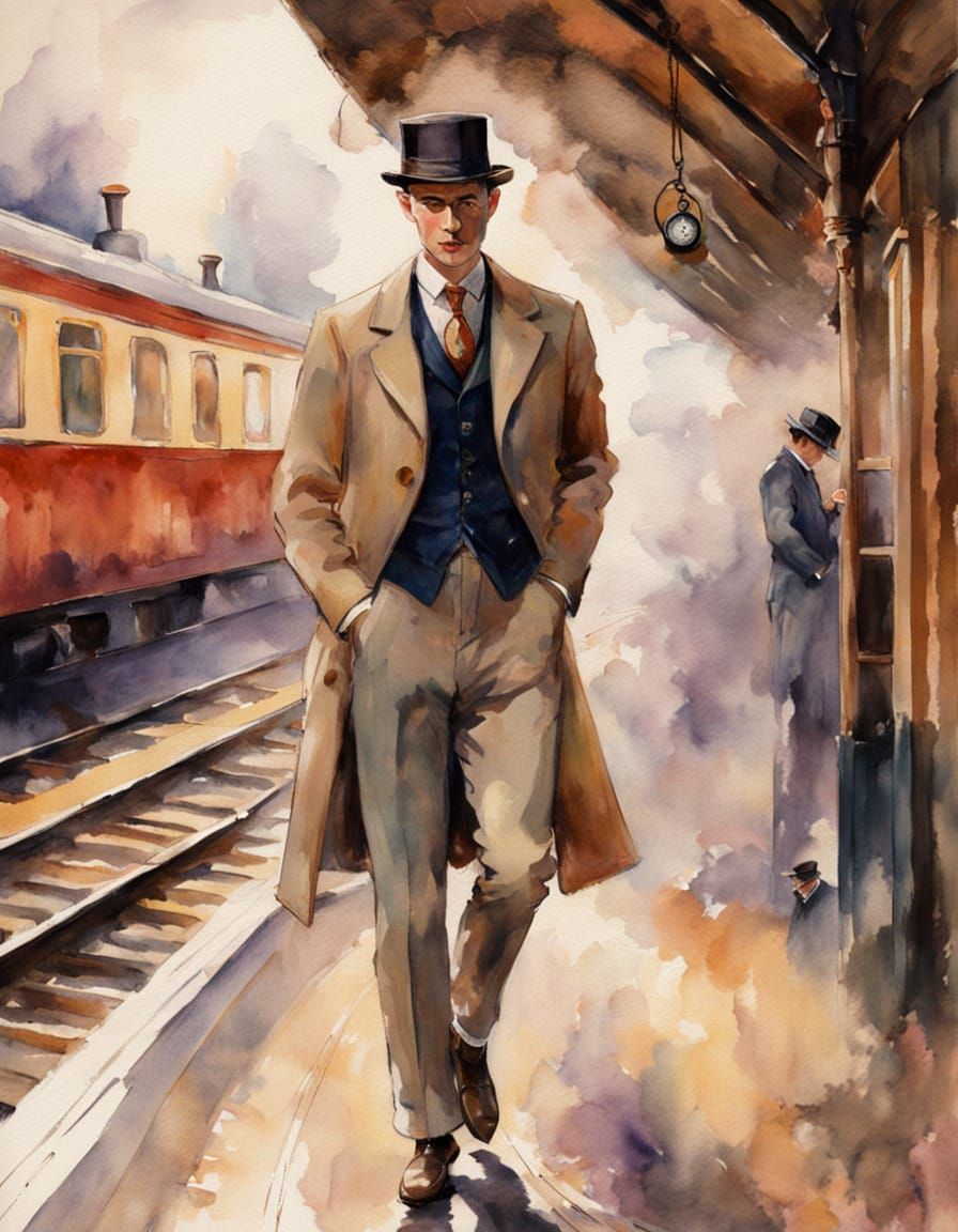 Man in Edwardian Attire Stands on Station Platform, Lost in ...