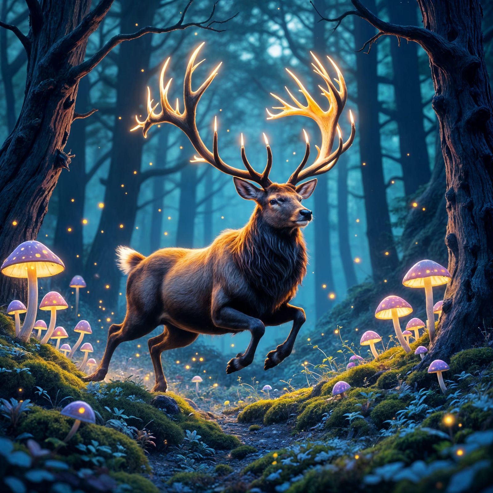 Luminous Stag Leaping Through Bioluminescent Forest