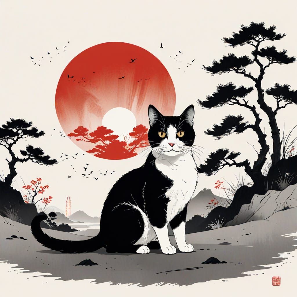 Sumi-e Cat in Peaceful Japanese Landscape