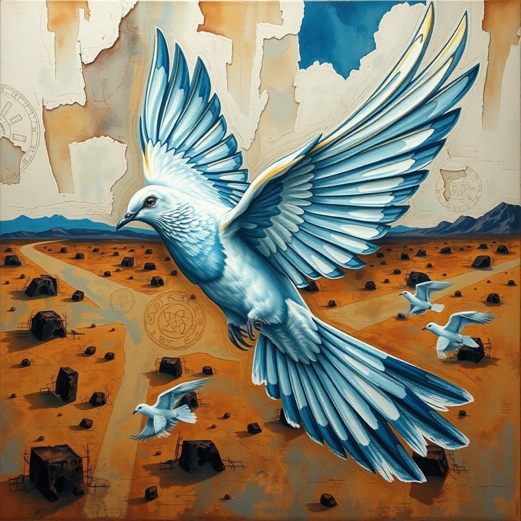 Iridescent Dove Soaring in a Surreal Desert Landscape