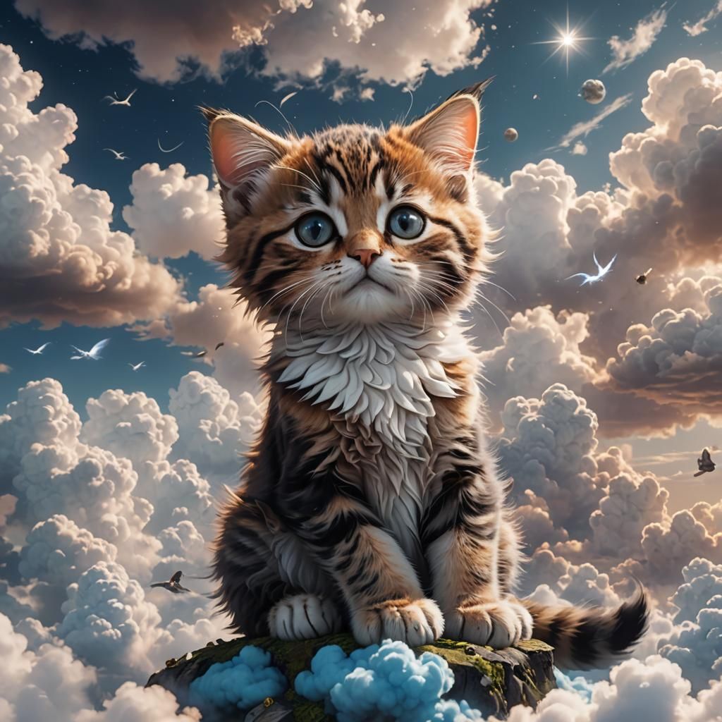Cute Kitten Meditating on Clouds in Detailed Digital Art