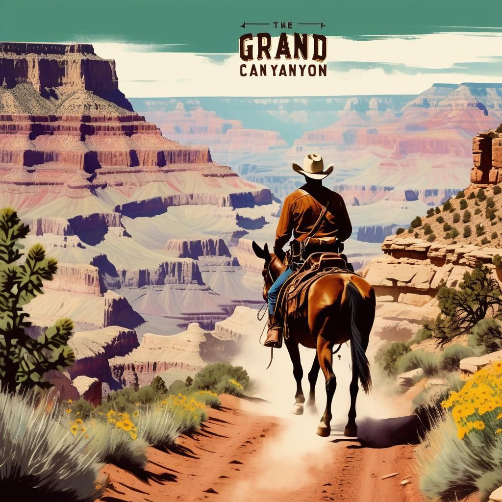 old travel poster, showing the words "Grand Canyon", riding a mule