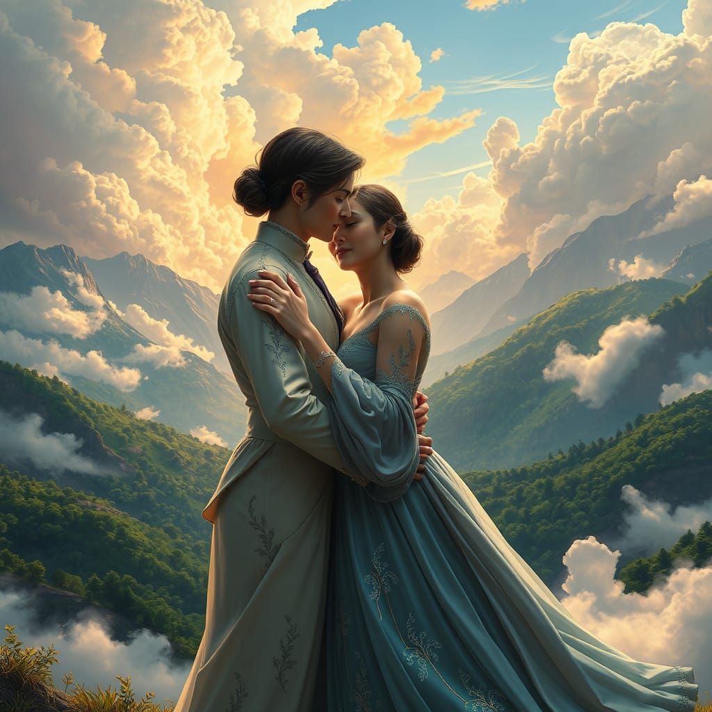 Elegant Couple Reunites in Vibrant, Dreamlike Landscape