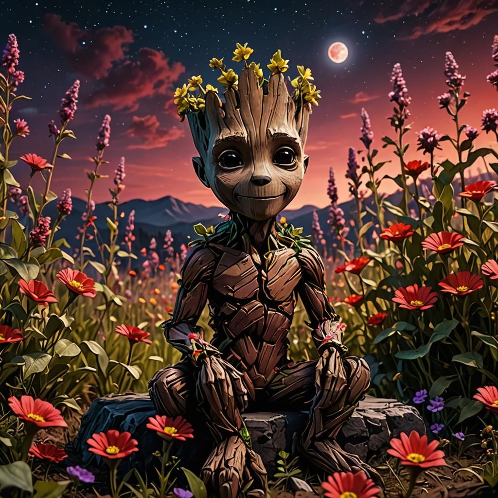 Mini Groot in Field of Flowers Under Red Moonlight