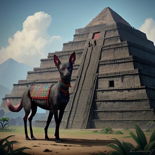 Xoloitzcuintli Dog Guarding Aztec Pyramid in Jungle