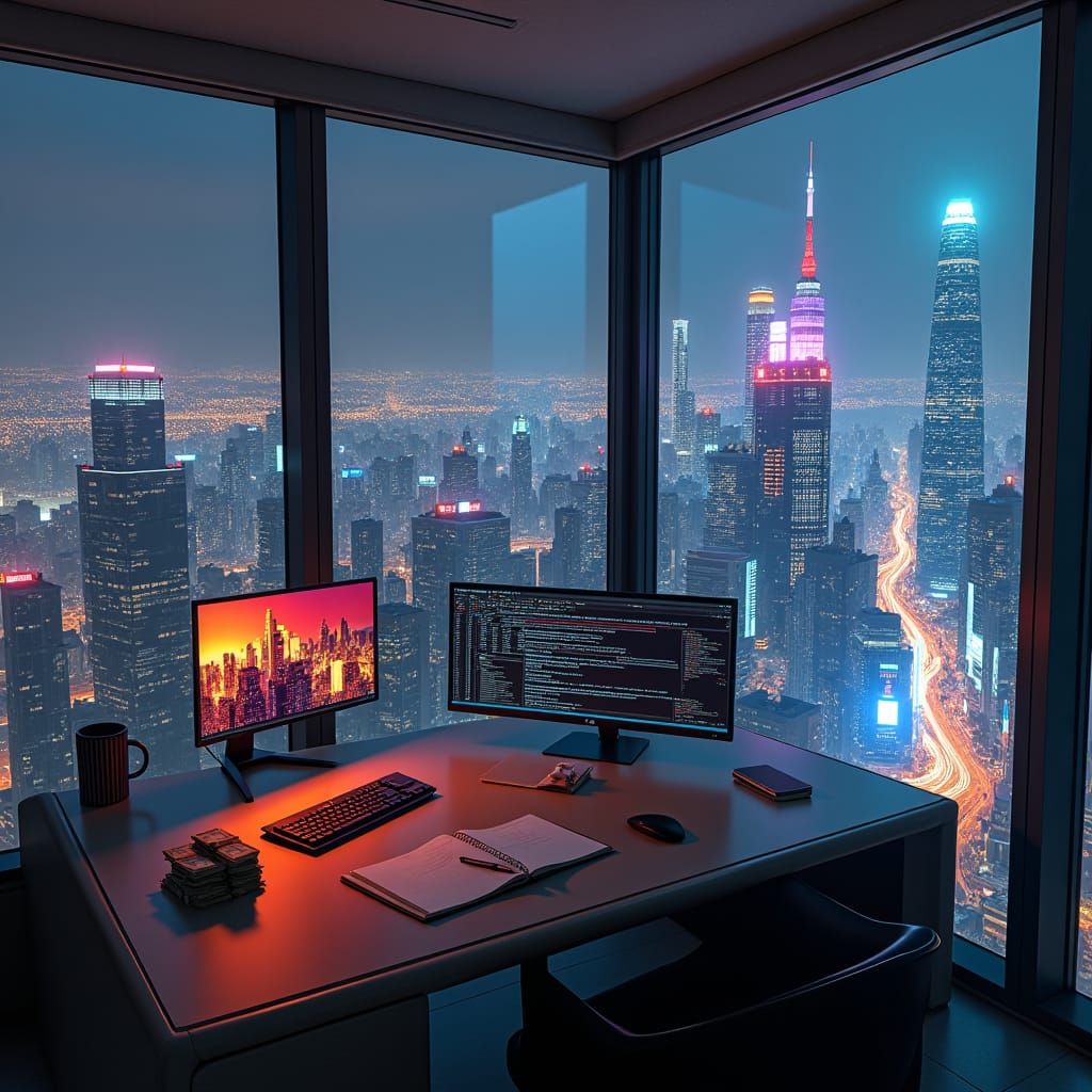 Modern Skyscraper Room with Cyberpunk City View