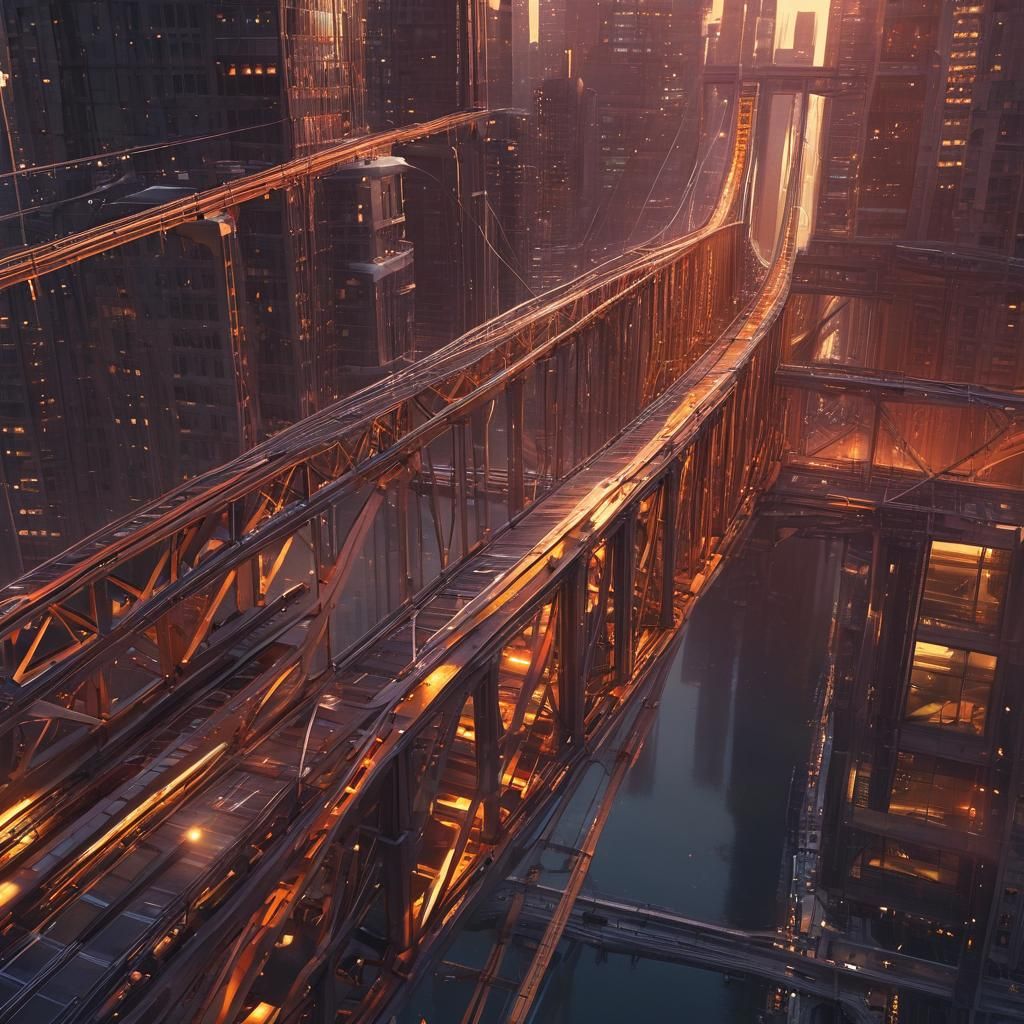 Futuristic Cityscape with Bridge at Sunset