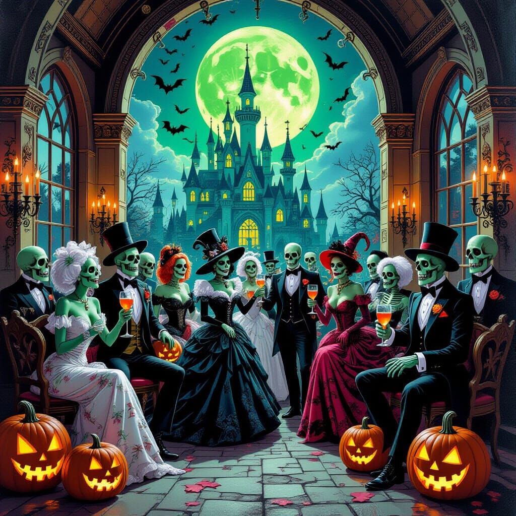 Gothic Halloween Party in Castle Hall with Stylish Undead Gu...