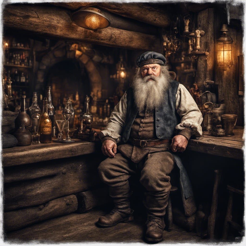 Hyperrealistic Dwarf Bartender in Medieval Tavern