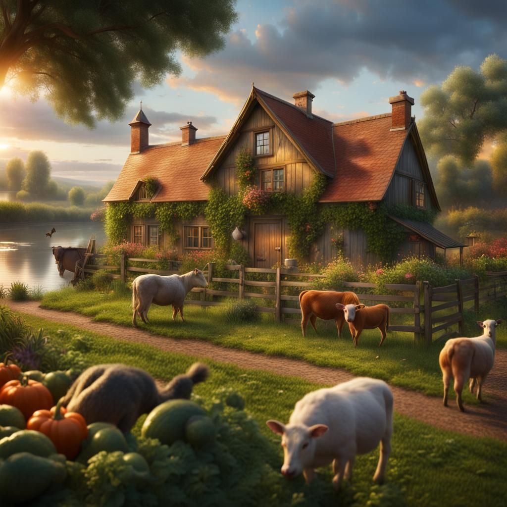 Idyllic Farmhouse Scene at Sunset: Digital Painting