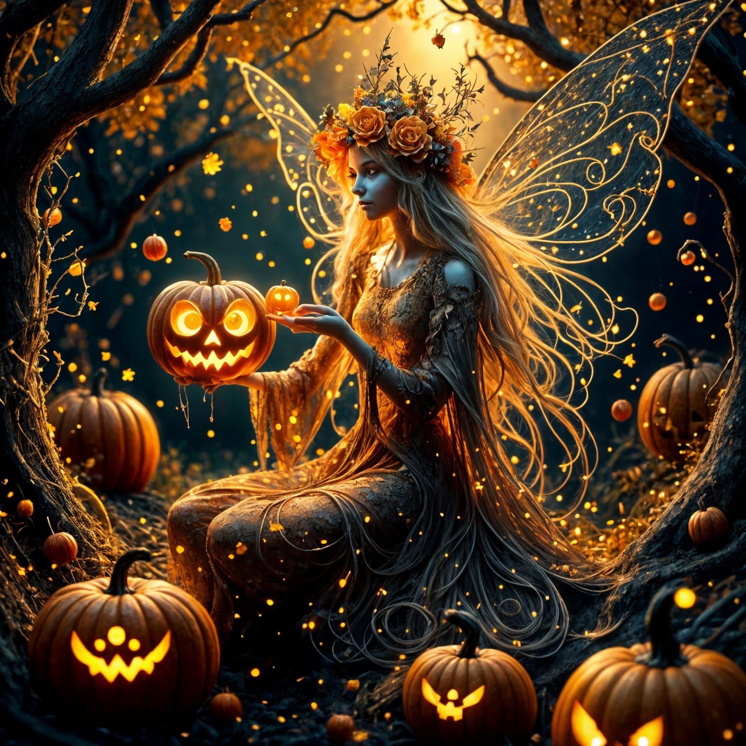 Fairy with Glowing Jack-o'-Lantern in Autumn Forest