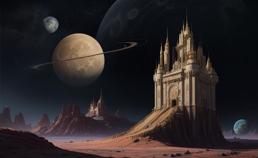 Galactic Castle Moonscape in Art Deco Style