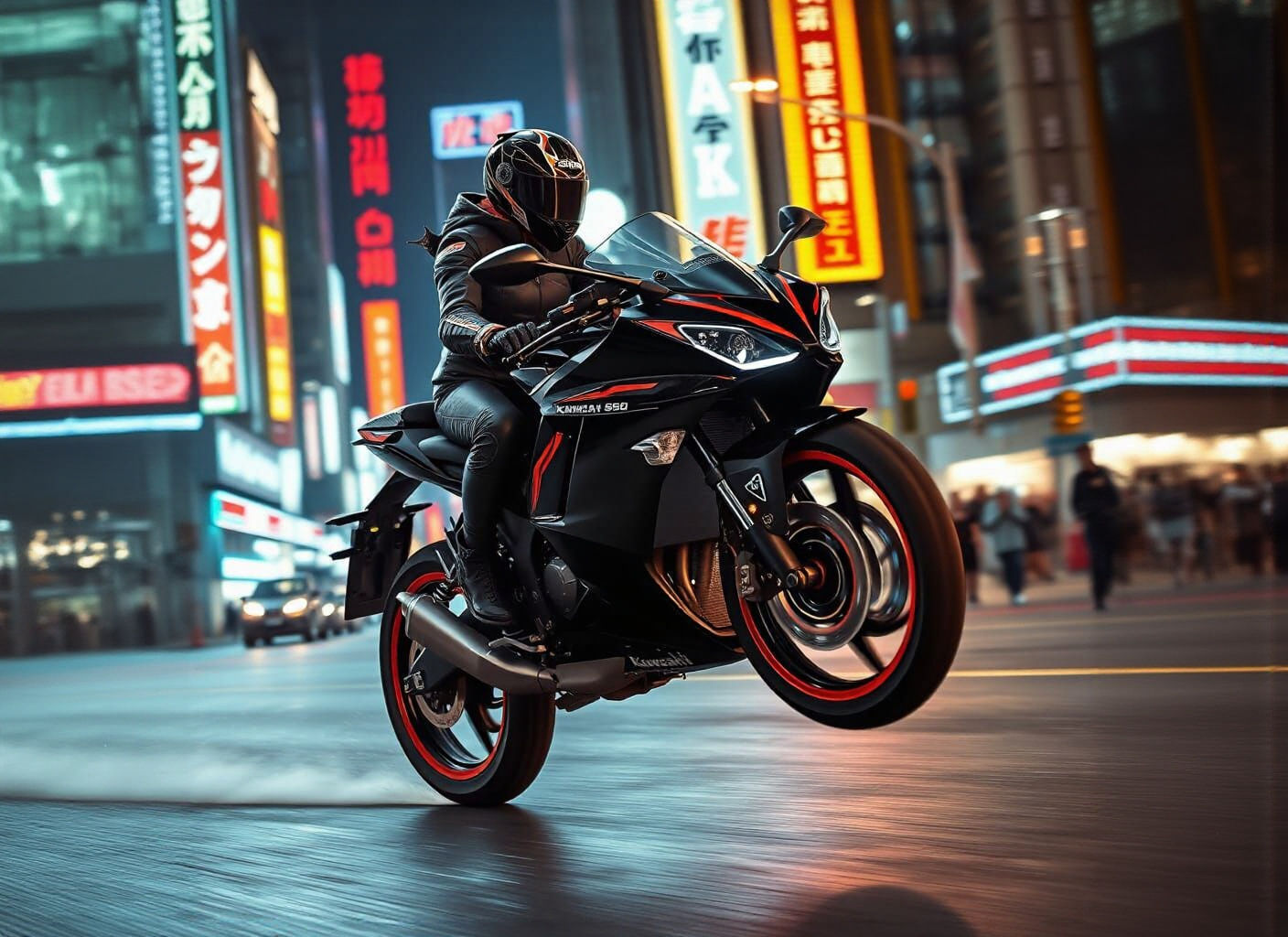 Sleek Kawasaki Ninja 650 Wheelie in Cyberpunk Cityscape