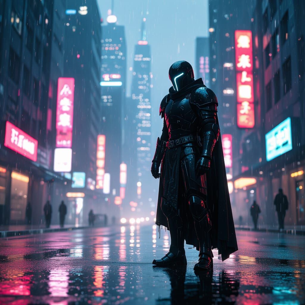 Cyberpunk Knight in Rain-Slicked Cityscape