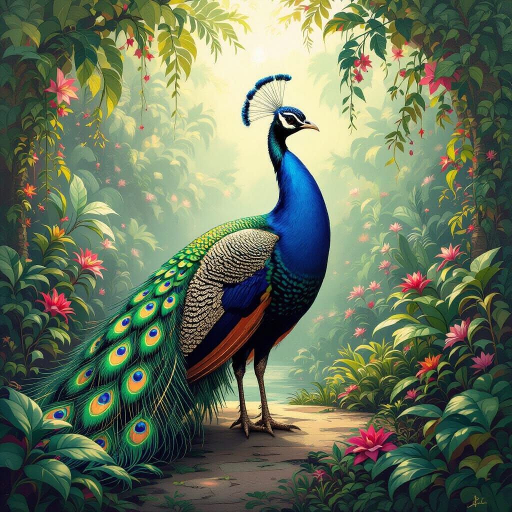 A majestic peacock, its feathers shimmering with iridescent ...