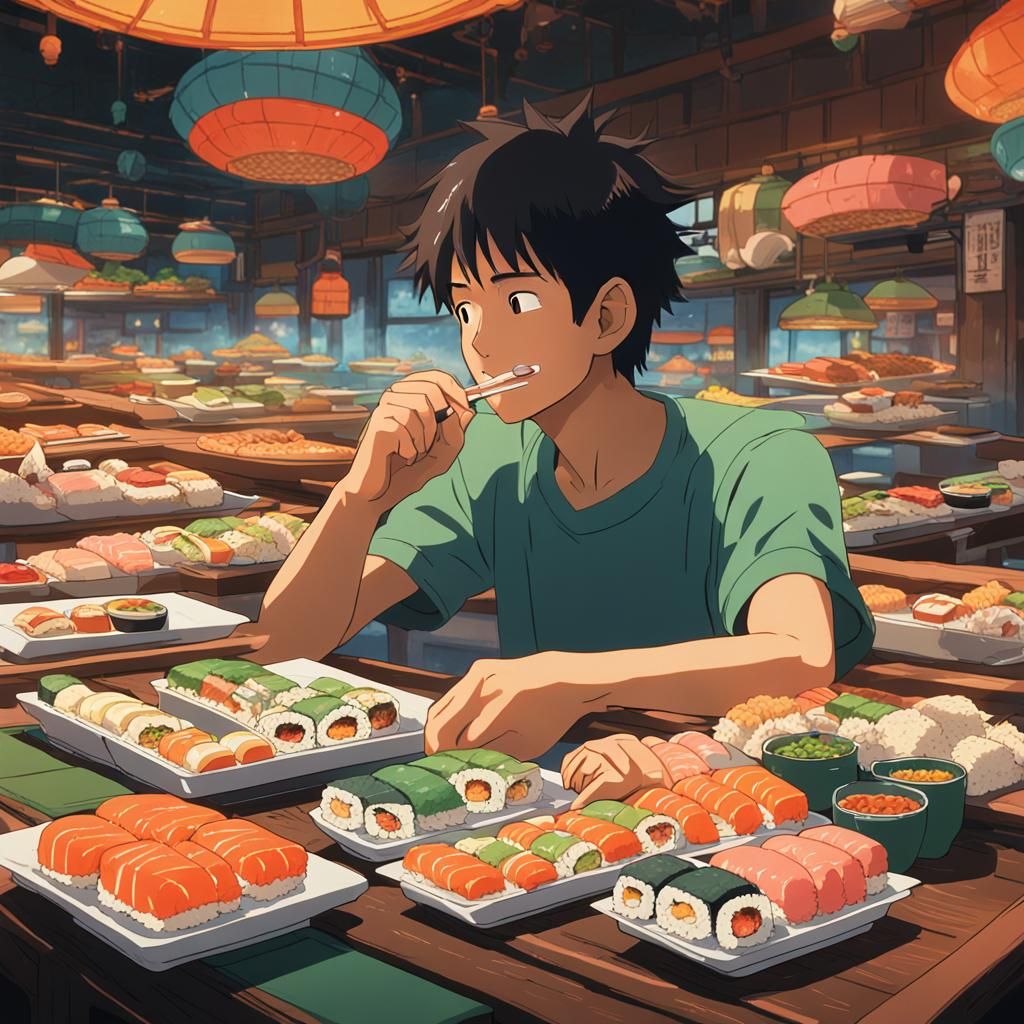 Anime Boy Enjoys Sushi in Tokyo, Ghibli Style