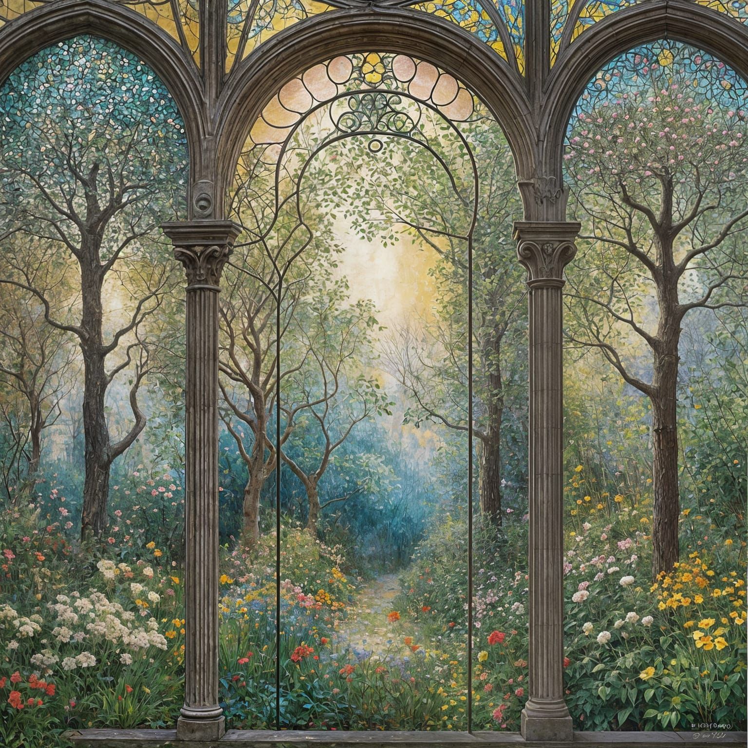 Mysterious Garden Stained Glass in Pastel Lithograph Style